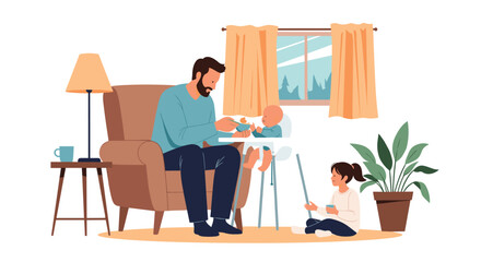 Fototapeta premium Caring father feeds his baby in a high chair while his young daughter plays happily on the floor in their warm and cozy home.