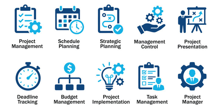 Project Management and Business Strategy Solid Icons. Vector Illustration of Schedule Planning, Strategic Planning, Deadline Tracking, Budget Management, and Project Implementation Technology.