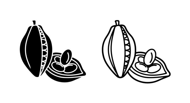 Cocoa pod and beans icons in silhouette and line art style for chocolate food design