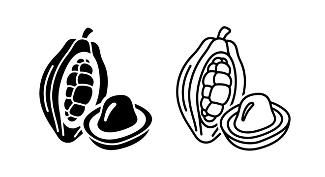 Tropical cocoa pod fruit icons with beans for chocolate production and organic food