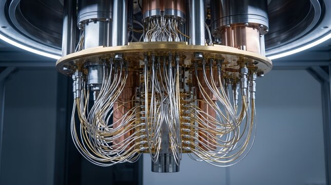 Quantum computer processor with complex gold wiring, advanced cryogenic cooling system, futuristic laboratory supercomputer hardware