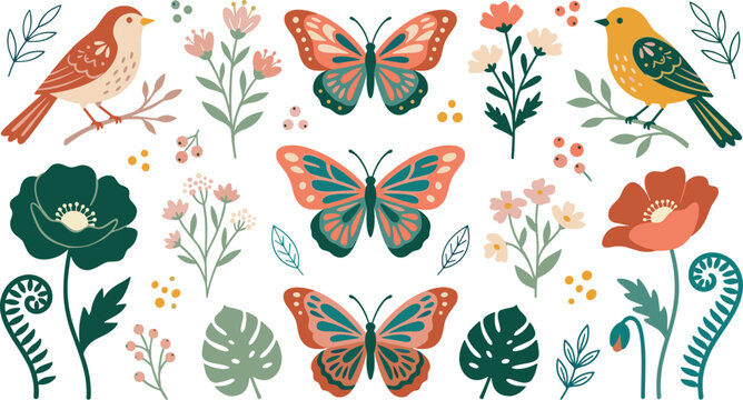 Whimsical Birds, Butterflies, and Floral Garden Collection with Botanical Elements, Folk Art Style, and Nature Vector Illustrations