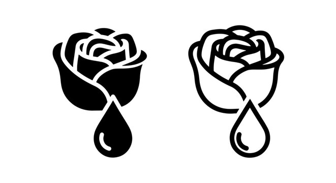 Rose bloom with essential oil drop silhouette and line icon for cosmetic design
