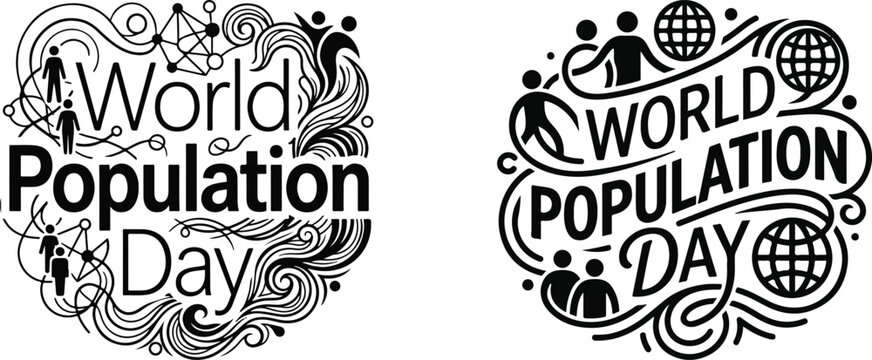 World population day concepts hand drawn typography with people and globe illustrations