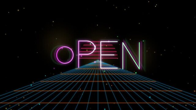 Retro futuristic neon open sign on a grid road synthwave background