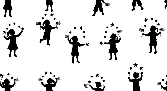 Silhouette children juggling stars on repeating pattern.