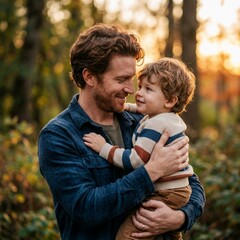 Fototapeta premium Man holding and kissing little boy in forest at sunset