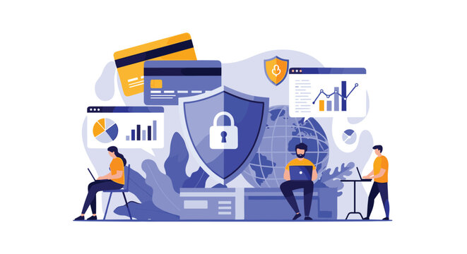 Cyber security experts monitor and protect sensitive digital data around a massive shield and padlock icon to ensure network safety.