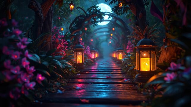 Bright glowing lanterns along a stone path in a dark forest under a full moon at night time view