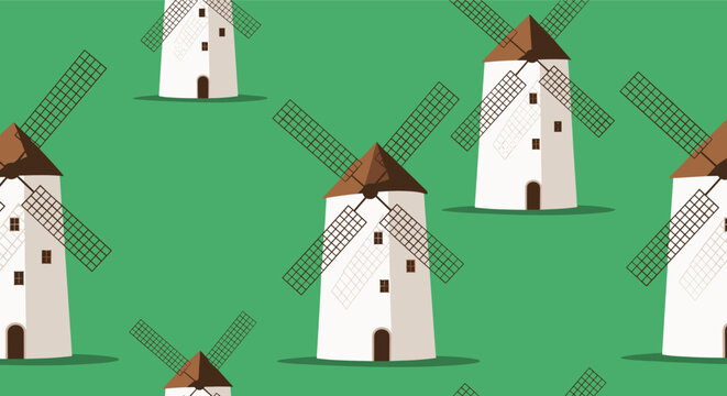 Seamless background pattern featuring traditional white windmills with brown roofs and dark sails on a solid green landscape.