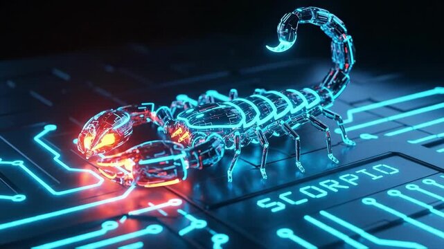 Scorpio zodiac sign, digital glow scorpion. Horoscope symbol for astrology and futuristic design concept.
