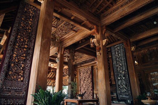 Ornate traditional wooden interior with hanging textile art