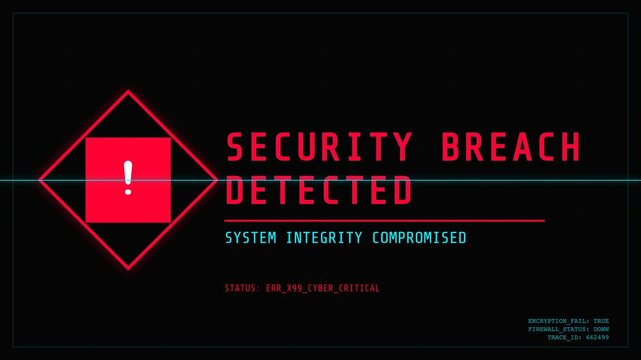 Dynamic digital security breach alert screen with flashing exclamation mark and critical system status messages, symbolizing cyber threat, network vulnerability, and data compromise
