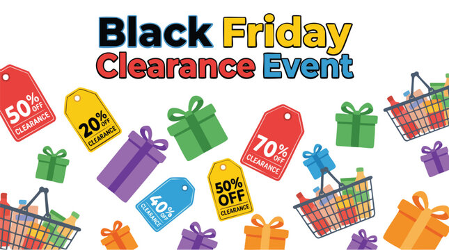 Colorful graphic illustration of shopping baskets and discount tags for a Black Friday Clearance Event