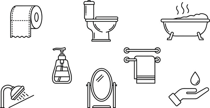 Bathroom and personal hygiene thin line icon set featuring toilet paper roll commode bathtub shower head liquid soap pump mirror towel rack and washing hands vectors