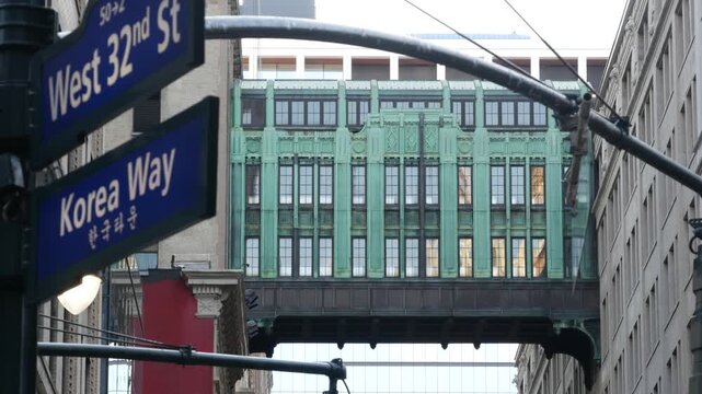New York City Gimbels bridge, Manhattan Midtown, United States of America. Skybridge on Broadway, Herald Square, USA. Gimbels traverse on 6 avenue. Historic elevated walkway 1925, copper green patina.
