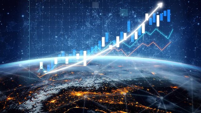 This captivating image illustrates the concept of financial growth with digital charts and data visualizations over a view of Earth at night, highlighting global trends. Copula