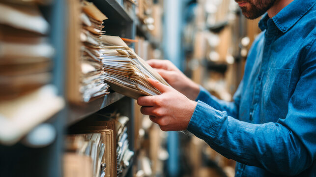 Person searching through old archive files for data