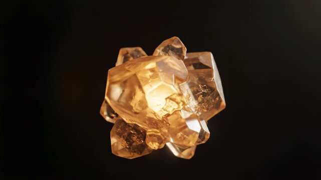 A single cluster of translucent amber-colored quartz crystals illuminated against a solid black background, showcasing intricate geometric facets and warm golden internal glow.