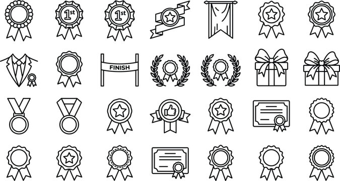Award and medal line icons set vector collection including certificate rosette ribbon laurel wreath first place achievement elements