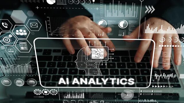 Hands Using Laptop with AI Analytics Interface Overlays Demonstrating Data Analysis and Technology Integration. Asymptotic smart data analytic.