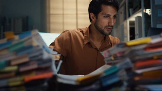 Overworked young Latin businessman waking from sleep nap to rush paperwork at desk in dark night office. Working late deadline burnout, heavy workload stress, and exhausted corporate problem concept.