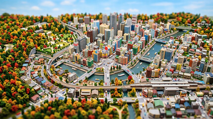 Fototapeta premium Vibrant diorama of a modern city landscape in autumn