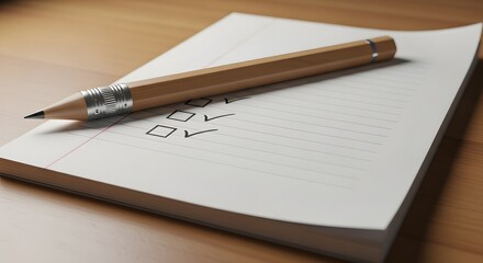 Naklejka premium Pencil on lined paper with checkboxes marked on wooden desk in office setting for business or education