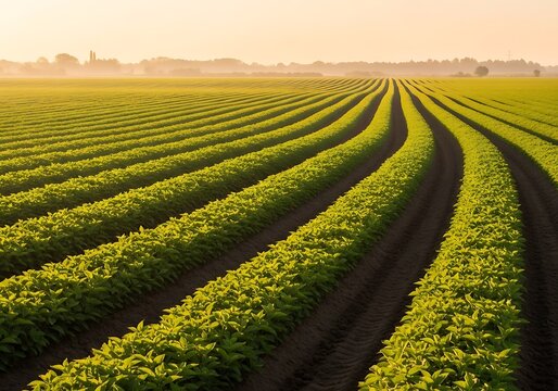 A cultivated field of green plants grown for butea superba herbal medicine production in a rural agricultural landscape during a bright golden sunrise