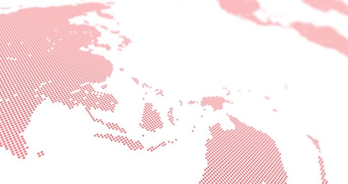 World map design created with small dots in soft red color that move horizontally on a white background with a camera blur effect.