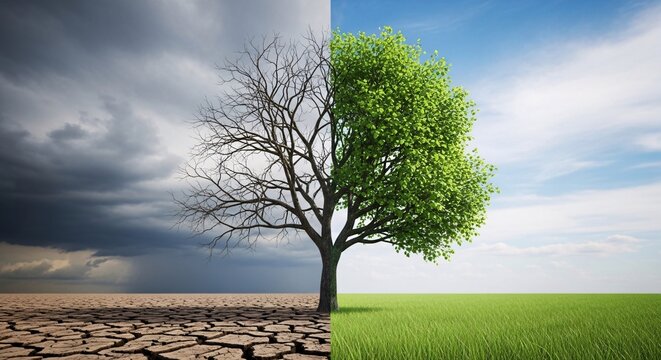 Split image of a dead tree and a living tree in contrasting environments.