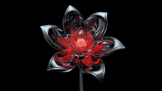 Abstract metallic flower with glowing red center and silver petals isolated on a dark black background