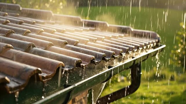Heavy summer rain falling on tiled roof and gutter with golden hour sunlight, atmospheric weather background