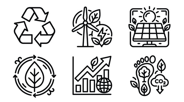 The recycle symbol and wind turbine and solar panels and leaf cycle and growth graph and carbon footprint define ecology.