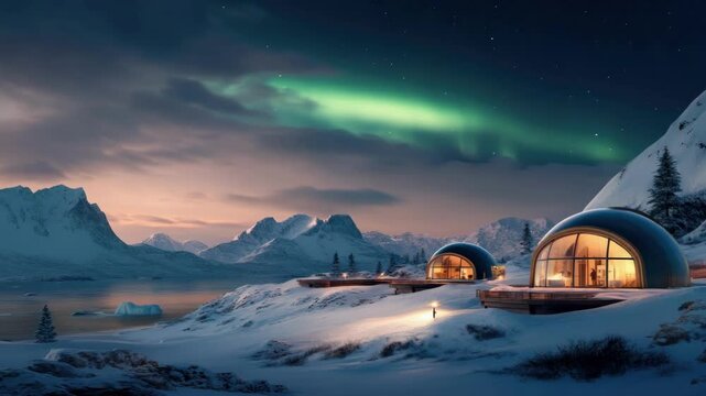 Scenic arctic landscape with glowing northern lights and glass igloos at dusk