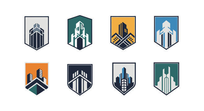 Collection of abstract shield shaped building logos on a white background