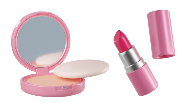 3d Cosmetic set with Pink Compact Powder, makeup sponge, and opened pink lipstick with cap. Beauty products isolated on background. Ideal for cosmetics, beauty, fashion. 3d render
