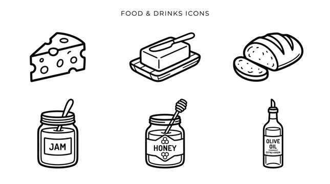 Pantry staples like cheese, butter, bread, jam, honey, and olive oil are represented as simple black outline food icons.