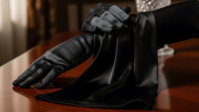 Elegant Black Satin Gloves and Fabric on a Polished Wooden Table.