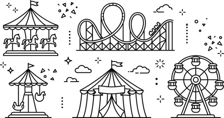 Amusement park carnival theme funfair line art vector set with roller coaster carousel circus tent ferris wheel icons © MdMursalin