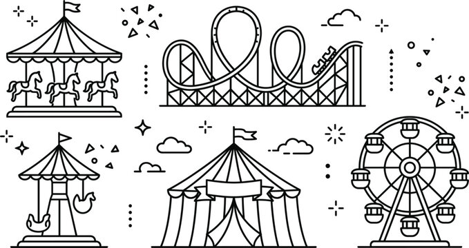 Amusement park carnival theme funfair line art vector set with roller coaster carousel circus tent ferris wheel icons