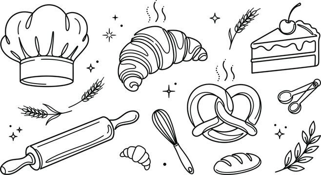 Bakery and baking line icons set vector illustration including chef hat croissant pretzel cake rolling pin whisk elements