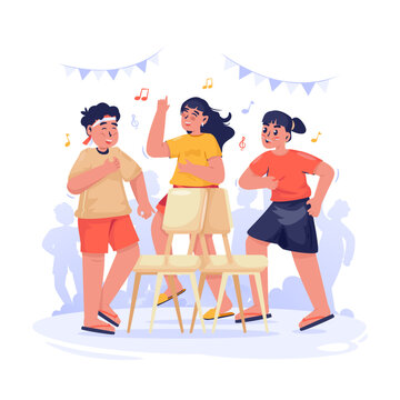 Children Playing Traditional Musical Chairs Vector Illustration