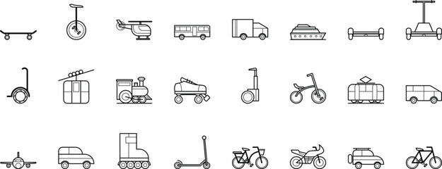 Minimalist linear vector illustrations of public transport, personal vehicles, and delivery logistics elements. © panlop