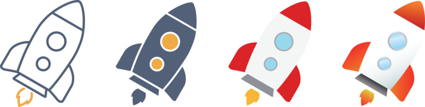 斜めに炎を出しながら飛ぶ色んな表現のロケットのアイコンセット