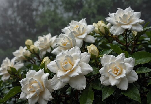 A dramatic overcast sky hangs above blooming gardenias, whose creamy white flowers bring a touch of brightness and elegance to the dark and mist-filled scenery.