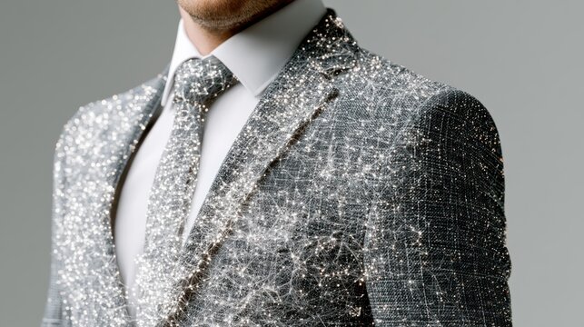 Executive wearing a smart fabric suit with integrated health monitoring technology, showcasing futuristic business attire and wearable tech innovation.