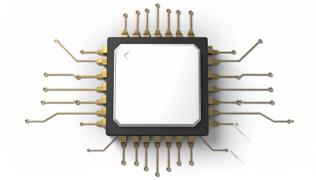 Close-up of a microchip processor with golden pins on a white background