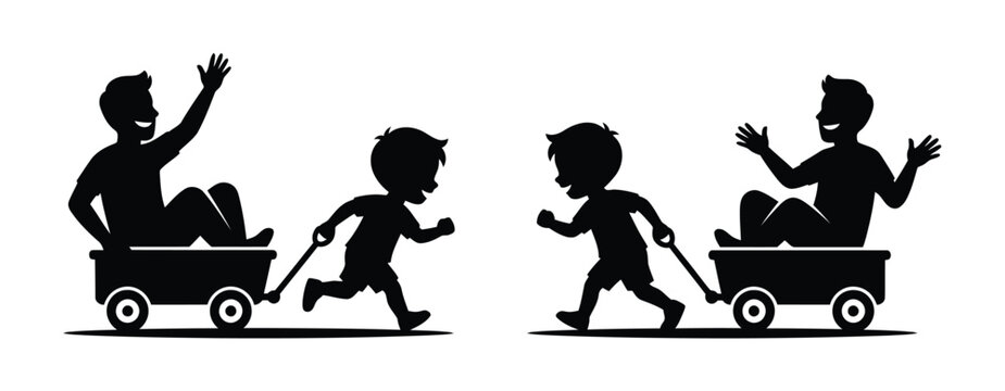 Silhouette of children playing with a wagon Vector