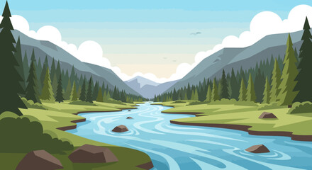 Obraz premium A winding blue river flowing through a lush green valley.